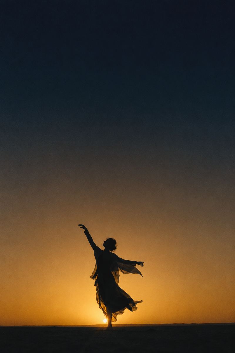 Una figura bailando al atardecer, en silueta